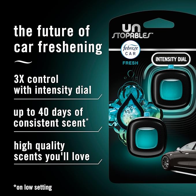 Febreze Unstopables Car Odor-Fighting Car Freshener Vent Clip Fresh Scent, .07 oz. Car Vent Clip, Pack of 4 (Packaging may vary)